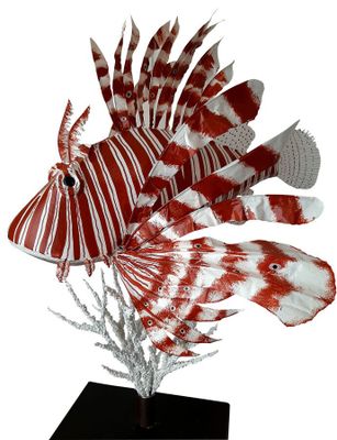 deux poissons rouges et blancs sur un fond noir orné de corail