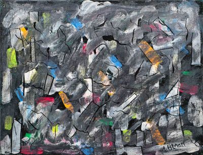 abstract painting of a group of people in a black and white frame