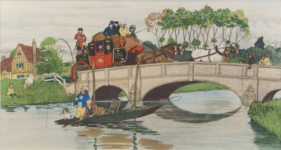 un tableau représentant une calèche traversant un pont