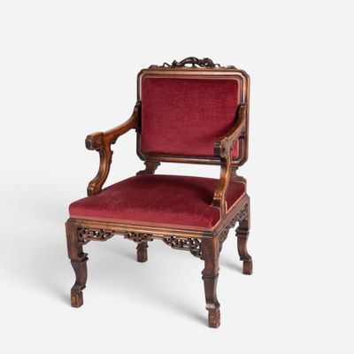 an old chair with a red upholstered seat on a white background