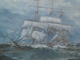un tableau représentant un bateau en mer, avec des mouettes qui volent autour