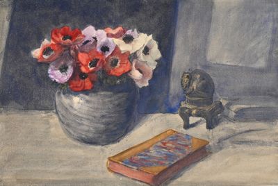 un tableau représentant un vase de fleurs et un livre posés sur une table