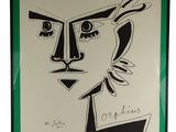 a black and white drawing of a face with a green frame