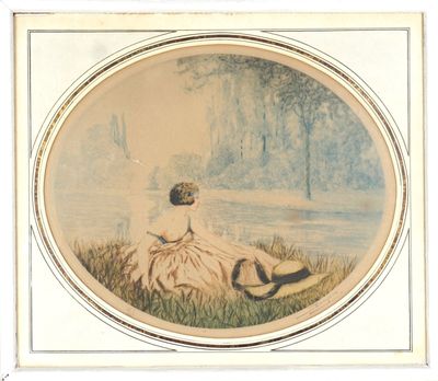 École du 20ème siècle, "Élégante près d'un fleuve", gravure …