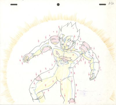 dessin représentant un homme vêtu d'un costume jaune orné d'un motif rouge et blanc