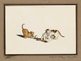 painting of three cats playing with each other on a white surface