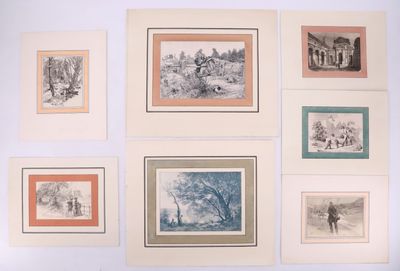 Ensemble de sept gravures figurant des vues de villes et de …
