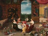 une peinture représentant un groupe de personnes assises autour d'une table
