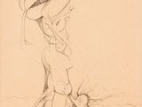 dessin représentant une femme en robe, avec un éventail sur la tête