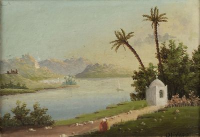 painting of a view of a river with a small white building in the foreground and palm trees in the foreground
