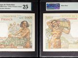 trois types différents de billets de banque exposés dans une vitrine