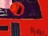 an image of a painting of a red table with a bowl of fruit on it