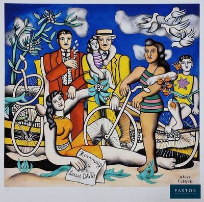 une peinture représentant un groupe de personnes sur une plage