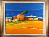 un tableau représentant une maison orange sur une colline, avec un ciel bleu en arrière-plan