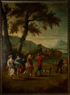 tableau représentant un groupe d'enfants jouant avec un chien dans un paysage boisé
