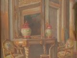 un tableau représentant une pièce avec un miroir et une chaise