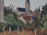 une peinture à l'huile représentant une église dans un champ, avec une clôture