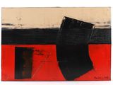 peinture abstraite représentant un bateau sur un fond rouge, noir et blanc