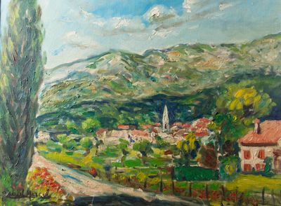 un tableau représentant une vue d'une ville depuis une fenêtre
