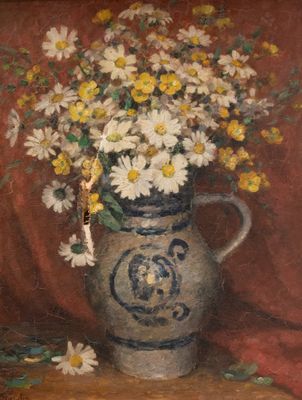 une peinture de fleurs dans un vase sur une table