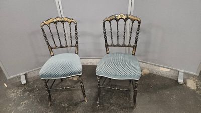 paire de chaises anciennes avec des coussins rembourrés bleus