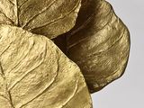 a close up of a gold leaf on a white background