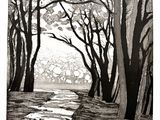 dessin en noir et blanc représentant un sentier dans un parc bordé d'arbres
