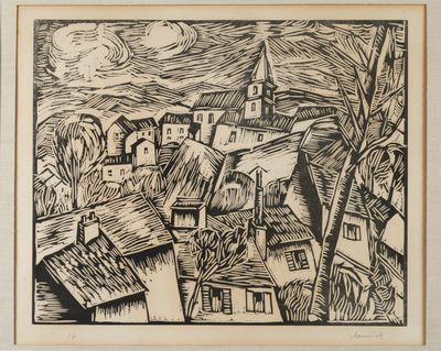 un dessin en noir et blanc représentant un village avec une église en arrière-plan