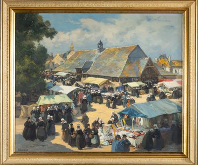 une peinture à l'huile représentant une scène de marché avec des passants et des marchands