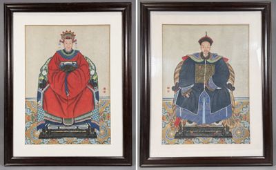 deux peintures chinoises encadrées représentant un homme et une femme
