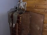 a skeleton sitting on top of a trunk in a room