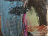 une peinture abstraite représentant un homme portant un chapeau bleu et une écharpe rose