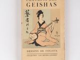 un vieux livre avec l'image d'une geisha jouant de la guitare