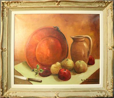 un tableau représentant des pommes et un pichet posés sur une table