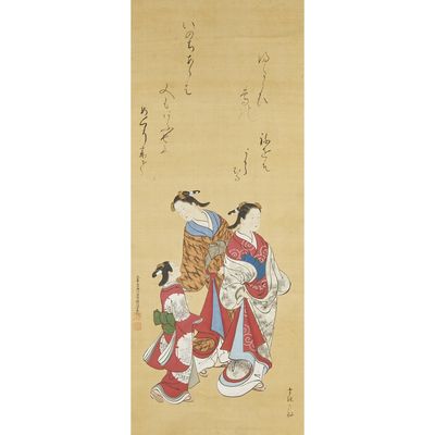 an oriental painting of two women in kimono robes, one holding a basket