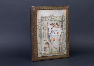an old book with a picture of a coat of arms on it