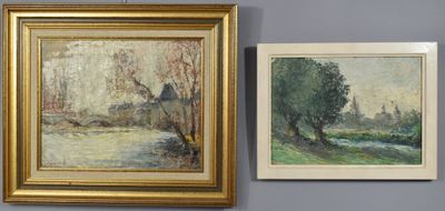 two paintings of trees and a river in a gold frame on a gray wall