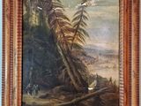 une peinture à l'huile représentant des oiseaux survolant un paysage boisé