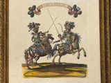 two framed pictures of two men on horses with a banner above them