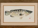 a painting of a fish in a frame on the wall