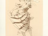 une image représentant le dessin d'une femme en robe et chapeau