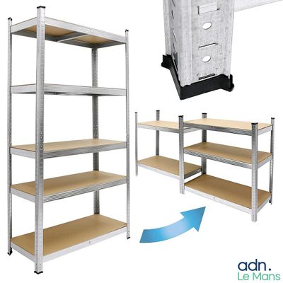 two pictures of a metal shelving with shelves and a carton