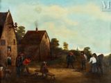 painting of a village scene with men and a dog in the foreground