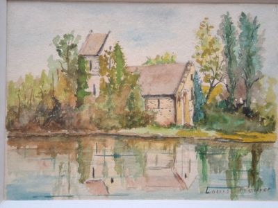 une photo d'un tableau représentant une maison et un arbre