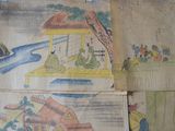 several pieces of old paper with asian paintings on them