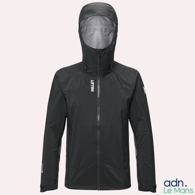 a close up of a black jacket with a hood on