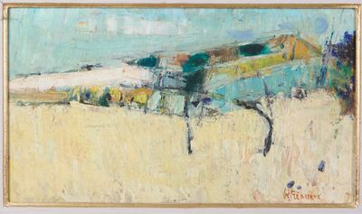 une peinture à l'huile représentant un cheval dans un champ, avec le ciel en arrière-plan