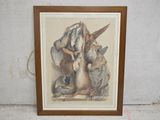 reproduction encadrée d'un tableau représentant un chien et un chat