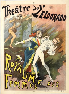 une vieille affiche de théâtre représentant une femme et un homme en train de danser