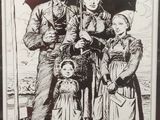 drawing of a family standing under an umbrella in the rain